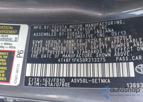 2013 Toyota Camry Le from USA, damaged, VIN 4T4BF1FK5DR313275